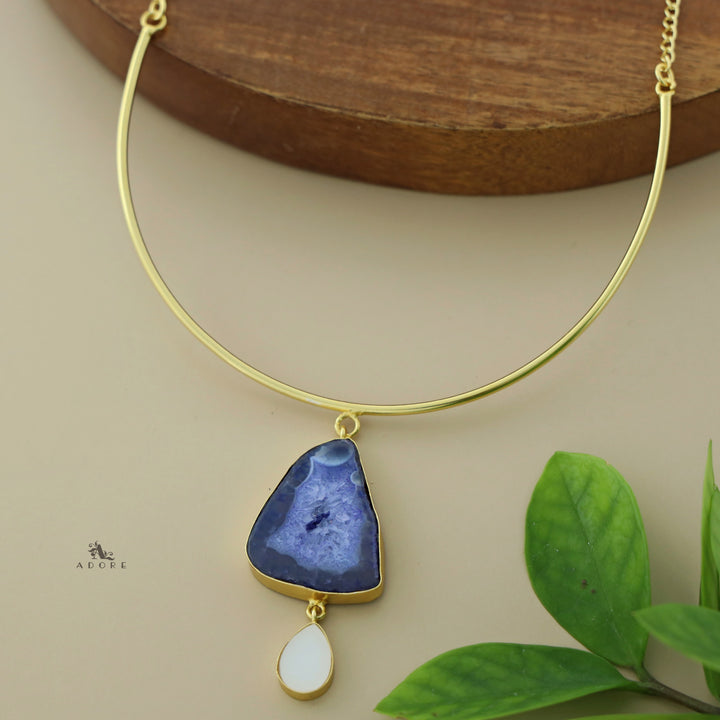 Golden Neck Cuff With Agate + Mop Pendant