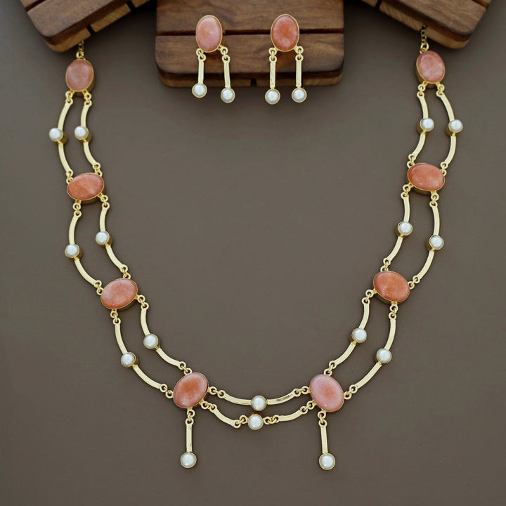 Kesia 2 Layer Natural Stone Pearl Neckpiece With Earring