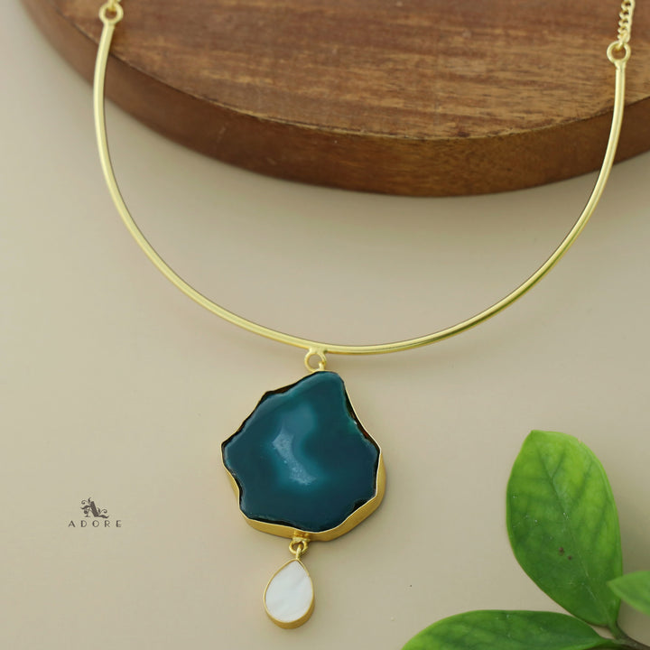 Golden Neck Cuff With Agate + Mop Pendant
