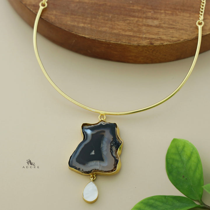 Golden Neck Cuff With Agate + Mop Pendant