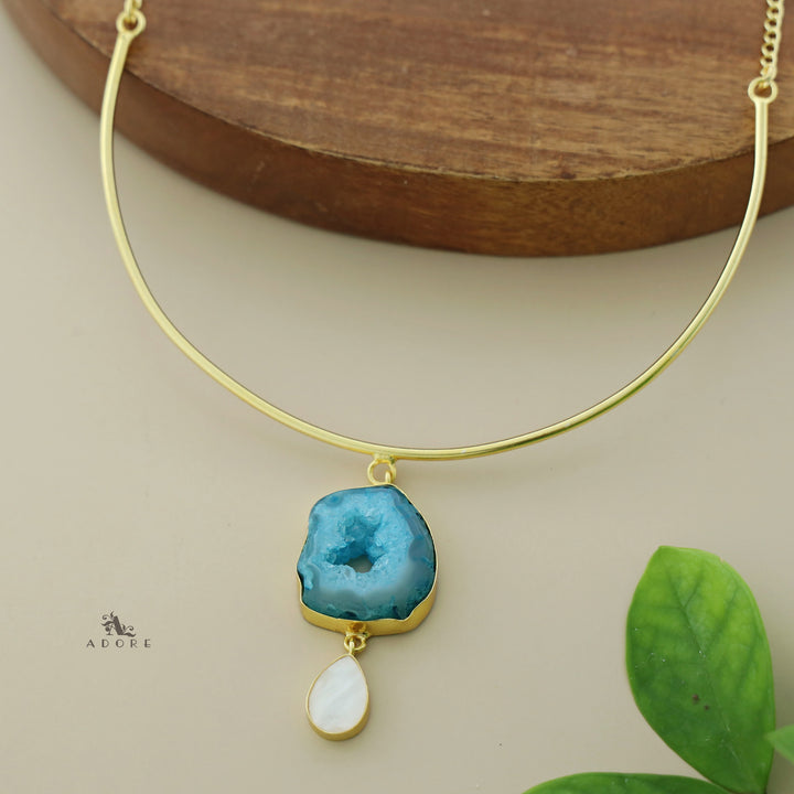 Golden Neck Cuff With Agate + Mop Pendant