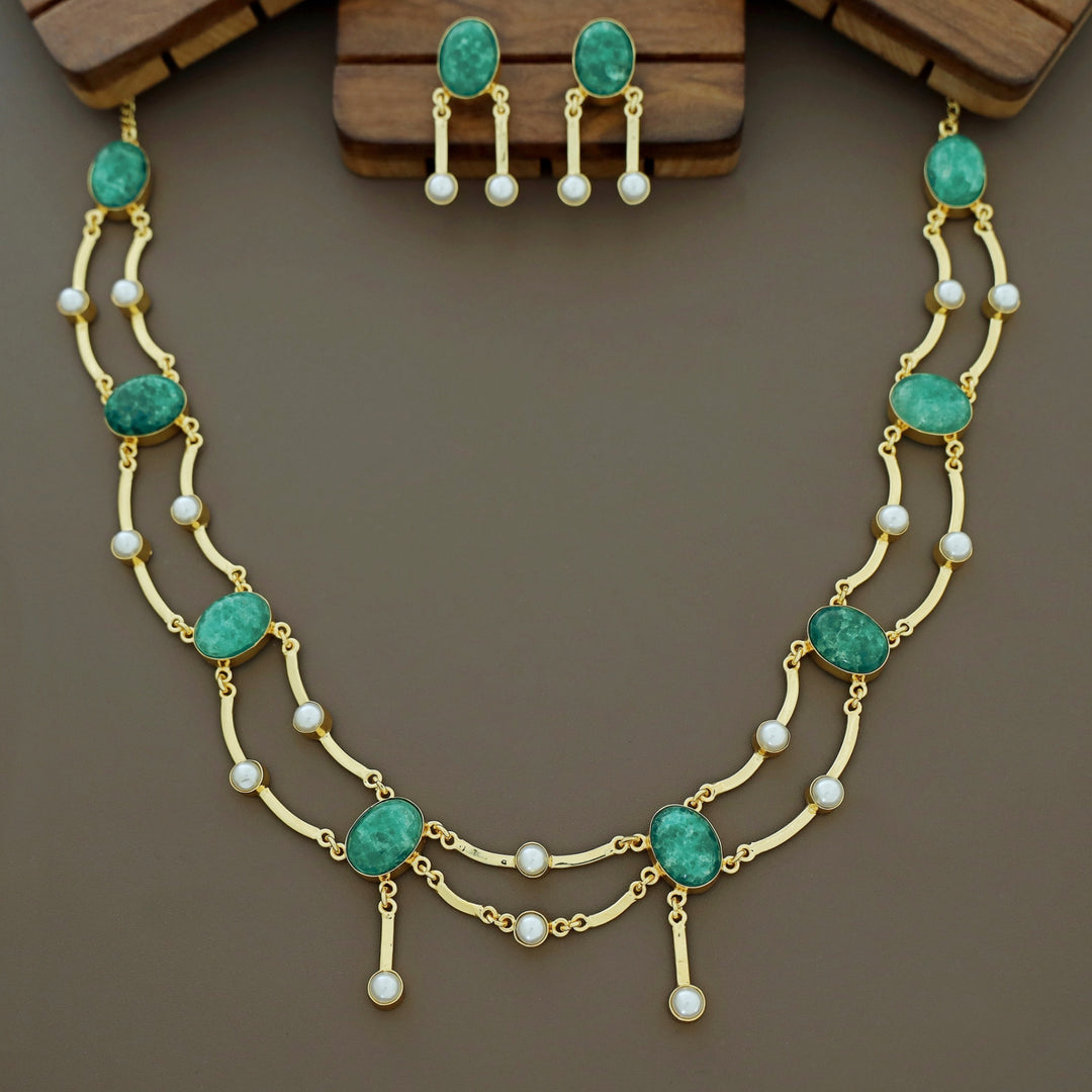 Kesia 2 Layer Natural Stone Pearl Neckpiece With Earring