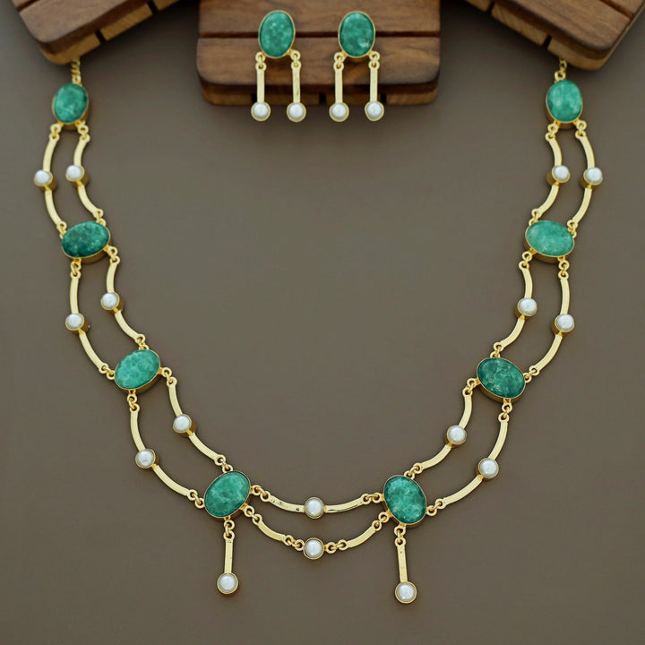 Kesia 2 Layer Natural Stone Pearl Neckpiece With Earring