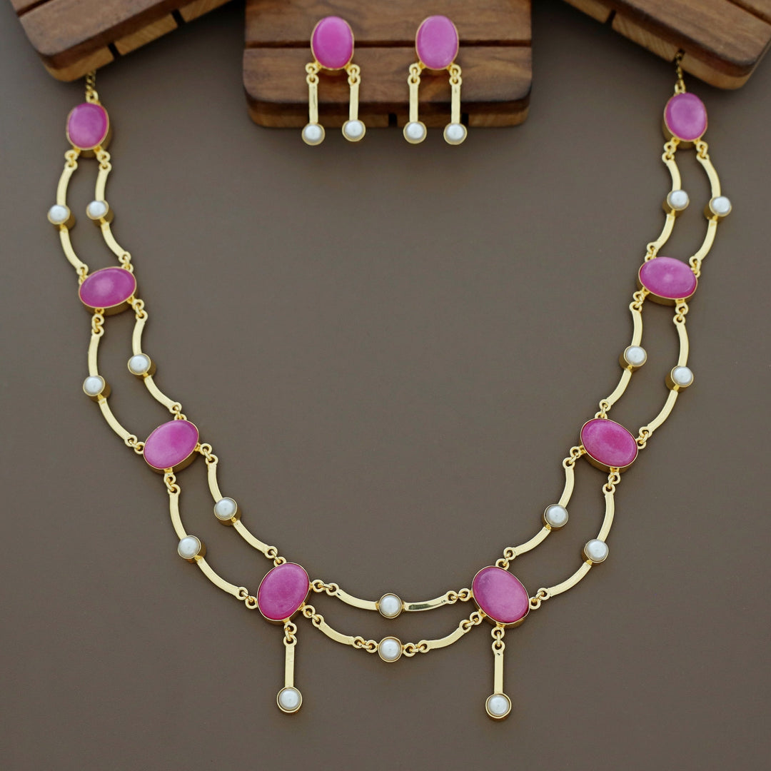 Kesia 2 Layer Natural Stone Pearl Neckpiece With Earring