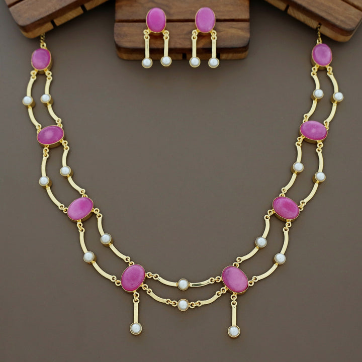 Kesia 2 Layer Natural Stone Pearl Neckpiece With Earring