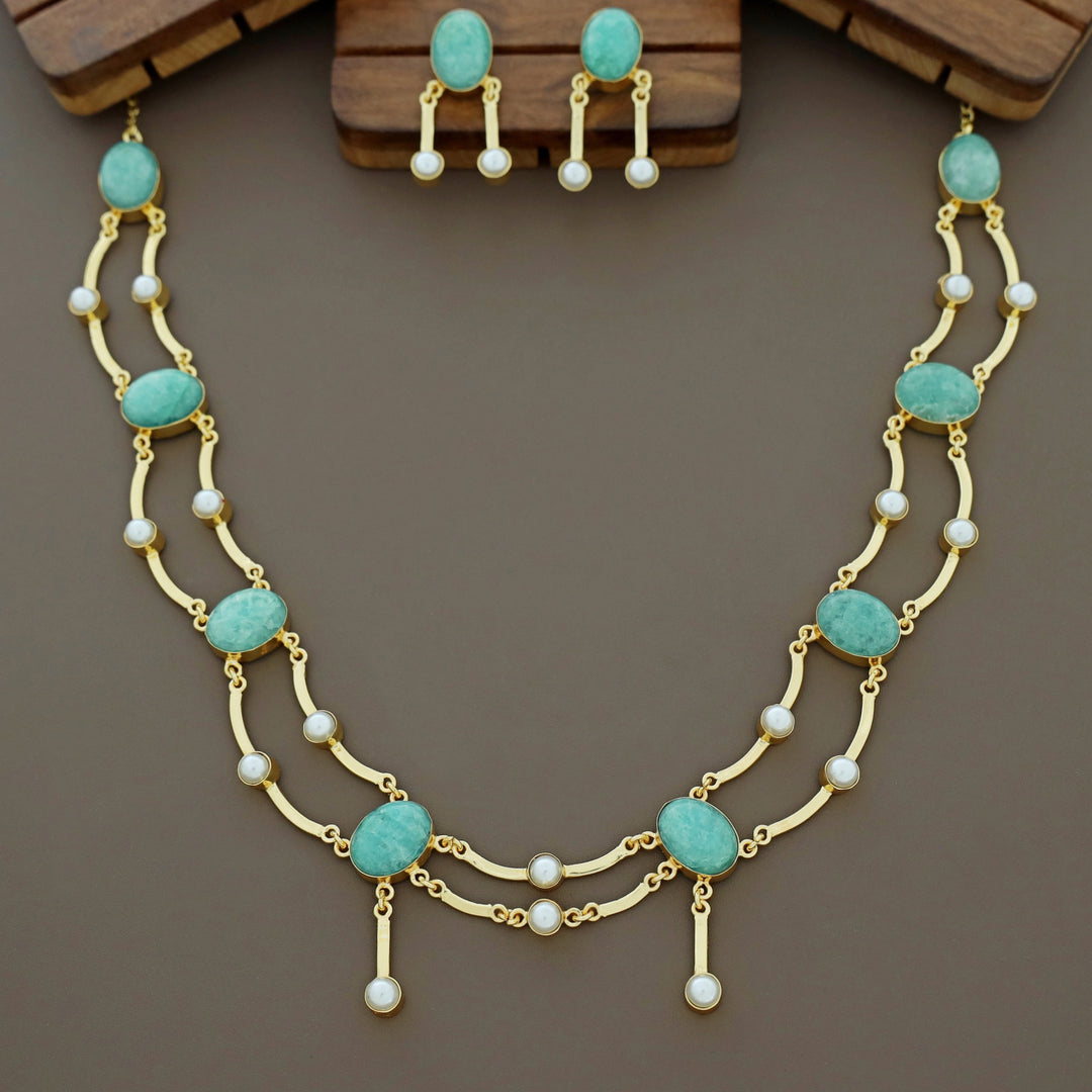 Kesia 2 Layer Natural Stone Pearl Neckpiece With Earring