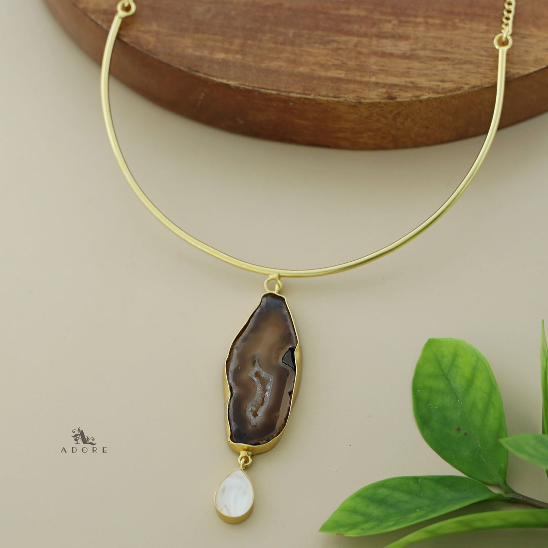 Golden Neck Cuff With Agate + Mop Pendant