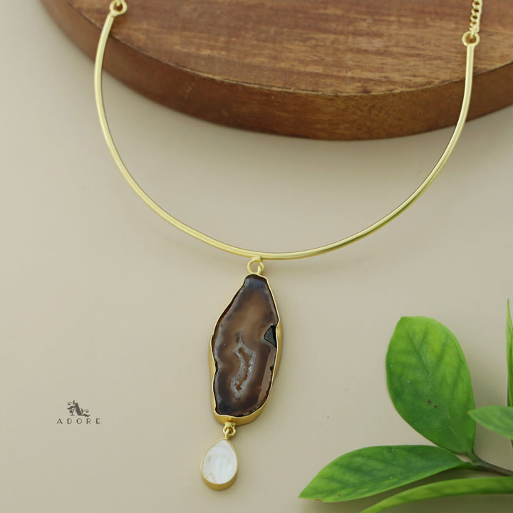 Golden Neck Cuff With Agate + Mop Pendant