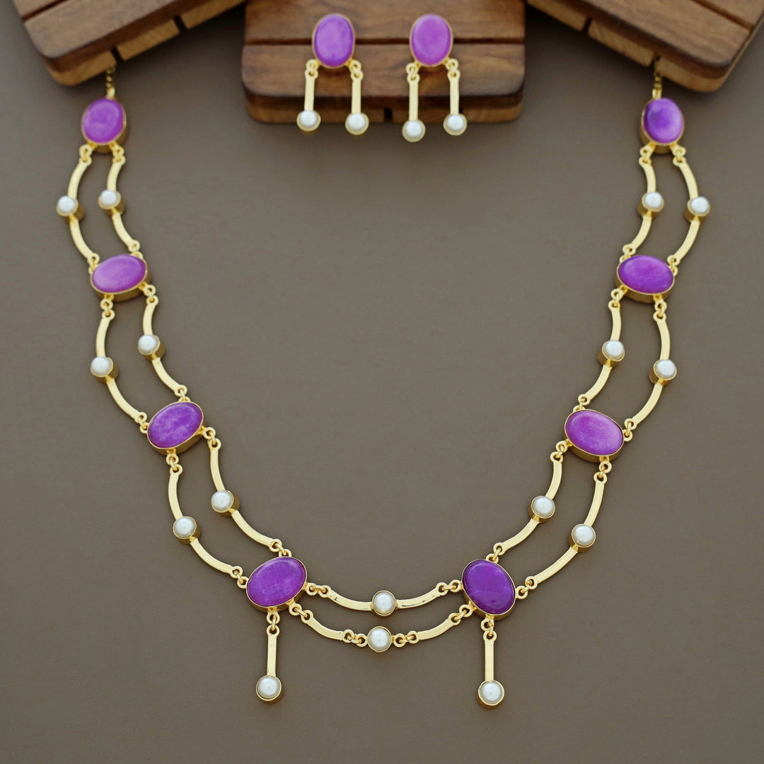 Kesia 2 Layer Natural Stone Pearl Neckpiece With Earring