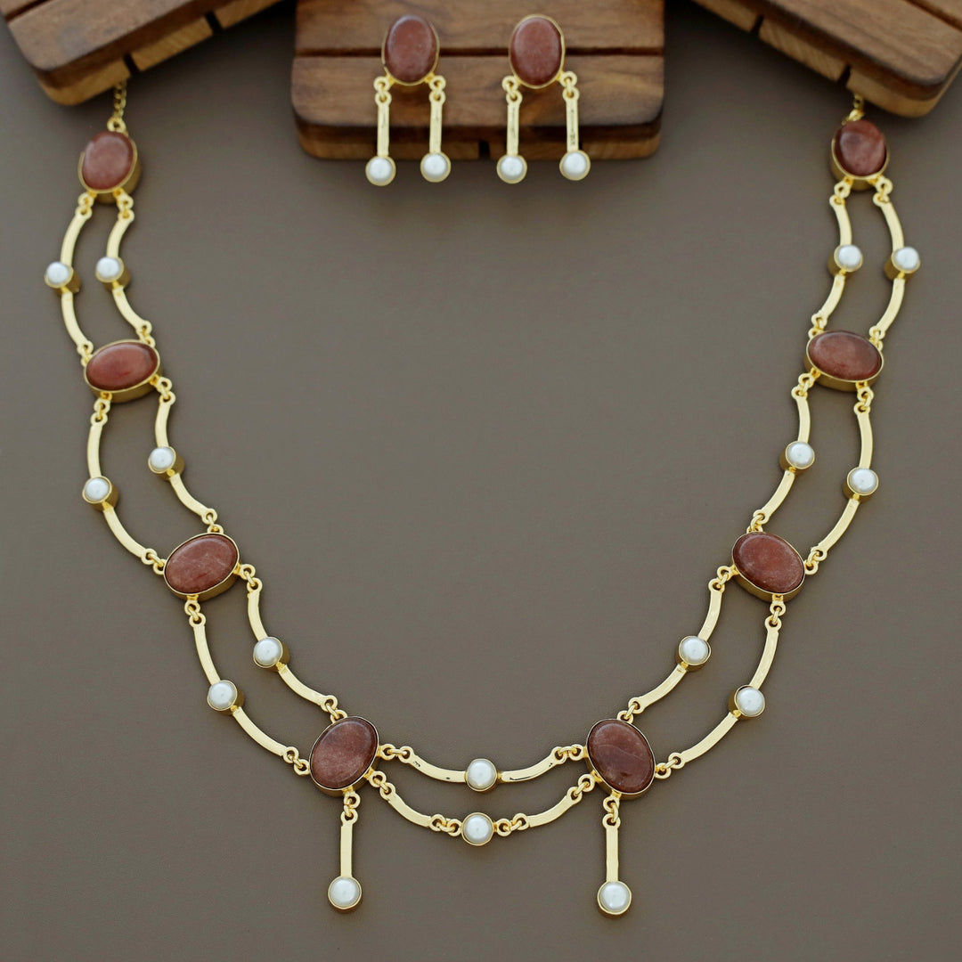 Kesia 2 Layer Natural Stone Pearl Neckpiece With Earring