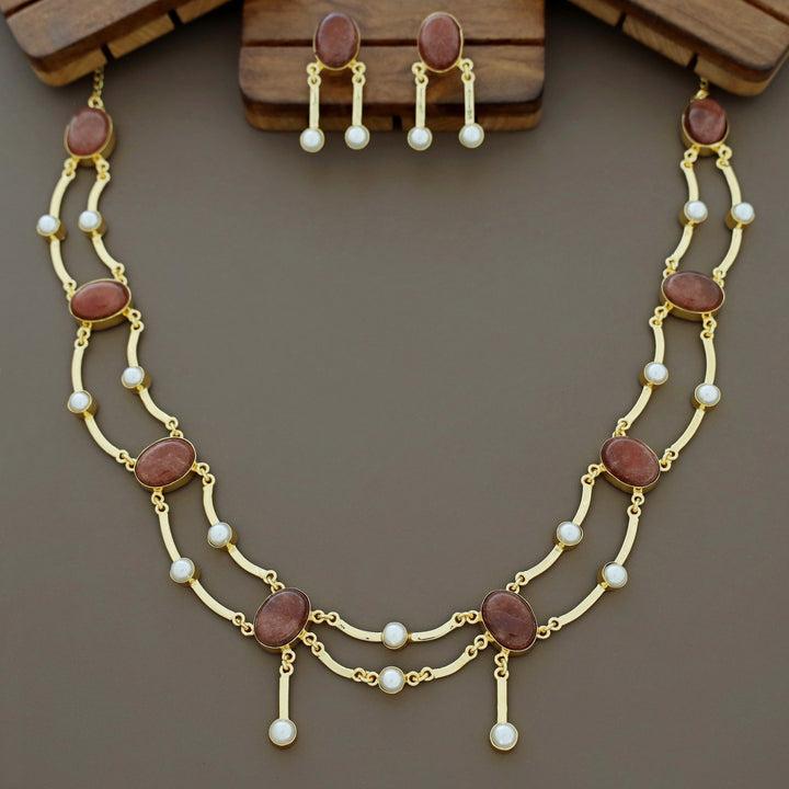 Kesia 2 Layer Natural Stone Pearl Neckpiece With Earring