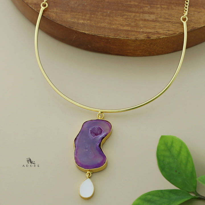 Golden Neck Cuff With Agate + Mop Pendant