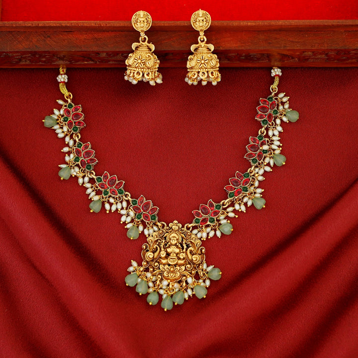 Anshika Pearl Lotus Devi Pendant Neckpiece With Earring