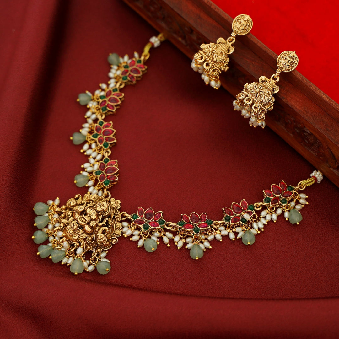 Anshika Pearl Lotus Devi Pendant Neckpiece With Earring