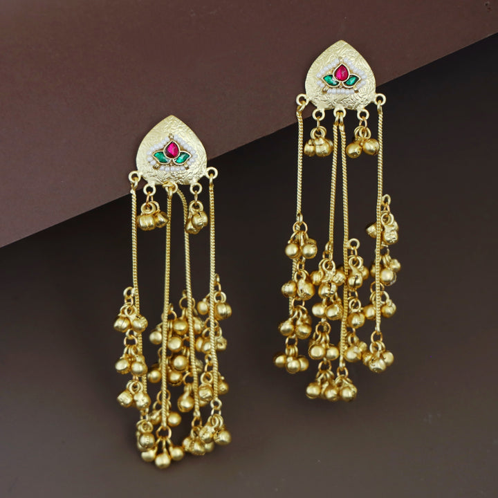 Abhranti Golden Hanging Layered Kashmiri Ghungroo Earring