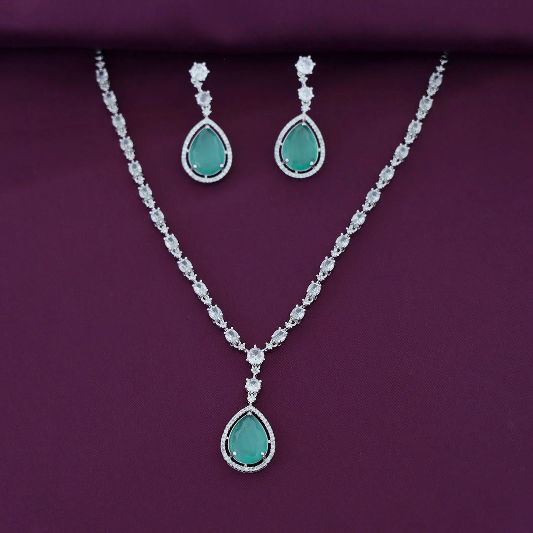 Silver Mirielle AD Glossy Drop Neckpiece With Earring