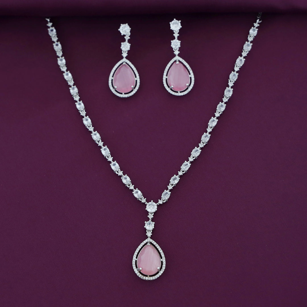 Silver Mirielle AD Glossy Drop Neckpiece With Earring