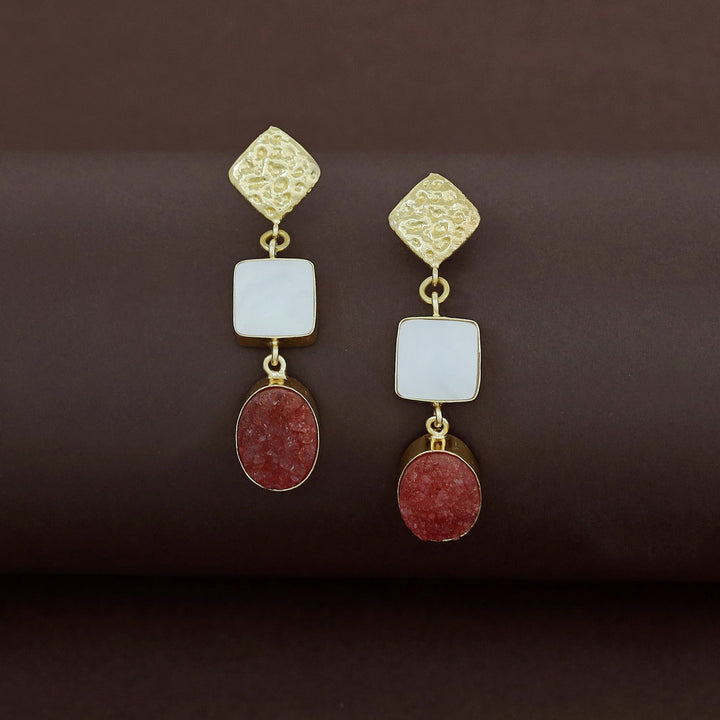 Golden Textured Square MOP And Oval Druzy Earring