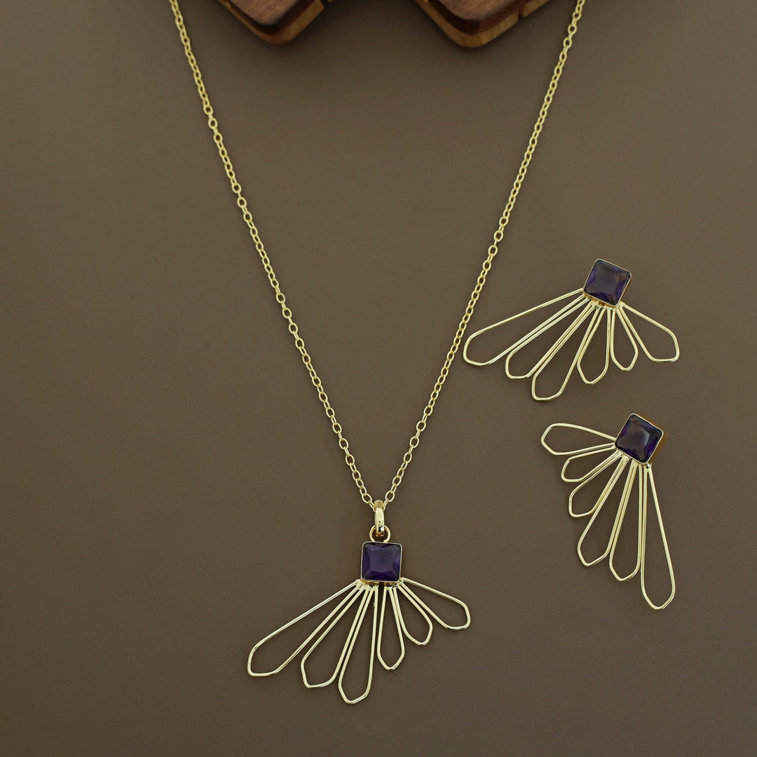 Golden 6 Petal Glossy Stone Neckpiece With Earring
