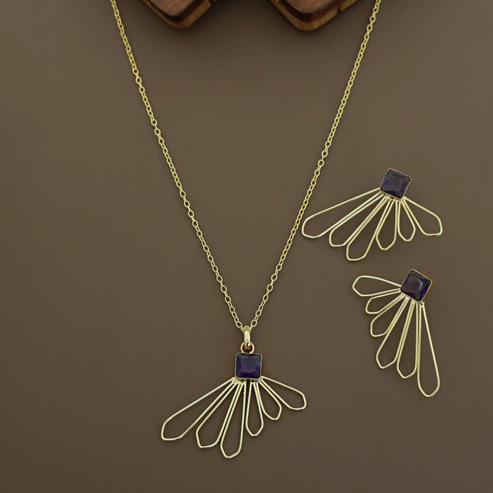 Golden 6 Petal Glossy Stone Neckpiece With Earring