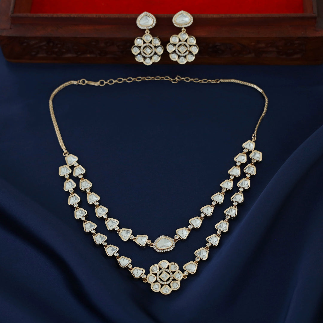 Premium Asael 2 Layer Kundan Flower Neckpiece With Earring