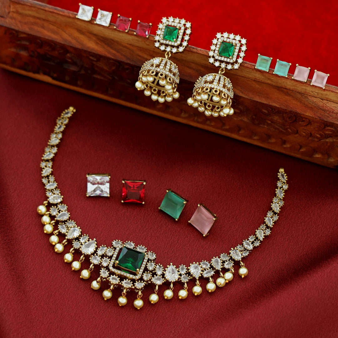 Sayara AD Stone Pearl Interchangeable Short Neckpiece With Earring