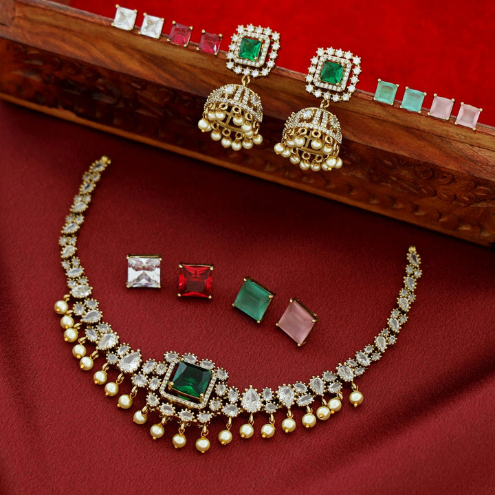 Sayara AD Stone Pearl Interchangeable Short Neckpiece With Earring