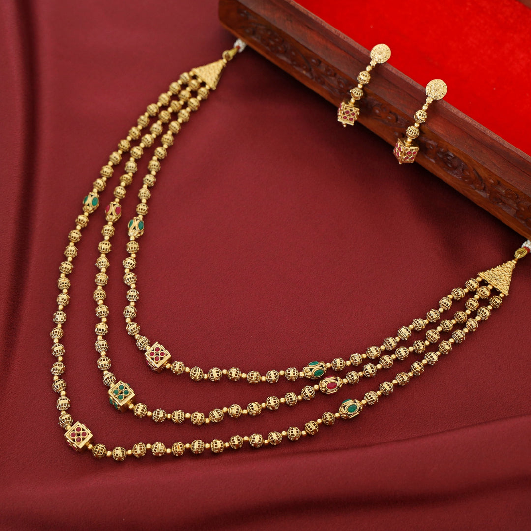 Anvika 3 Layer Golden Ball Cube Long Neckpiece With Earring