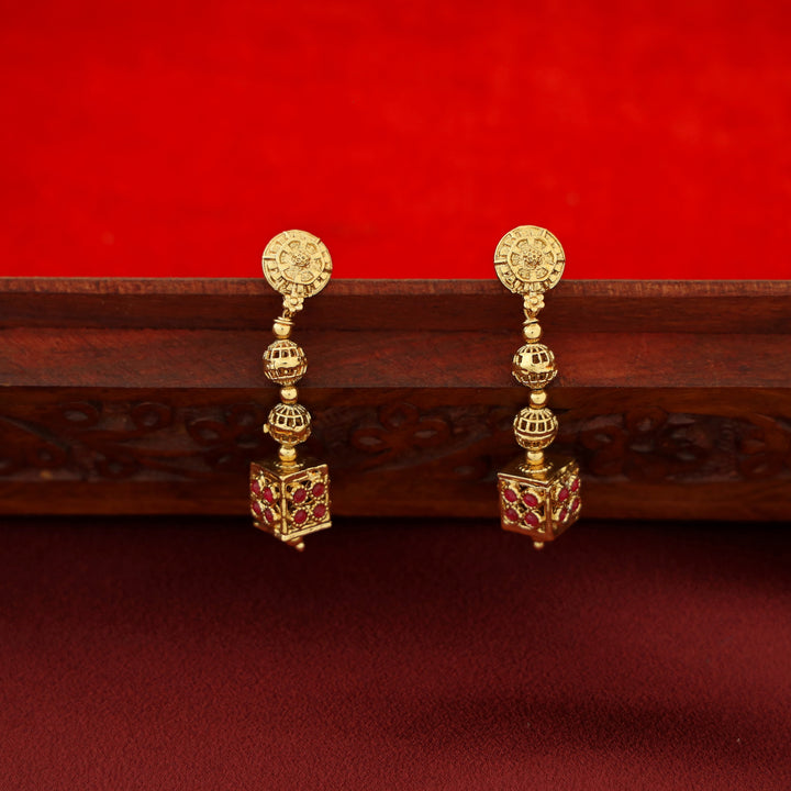 Anvika 3 Layer Golden Ball Cube Long Neckpiece With Earring