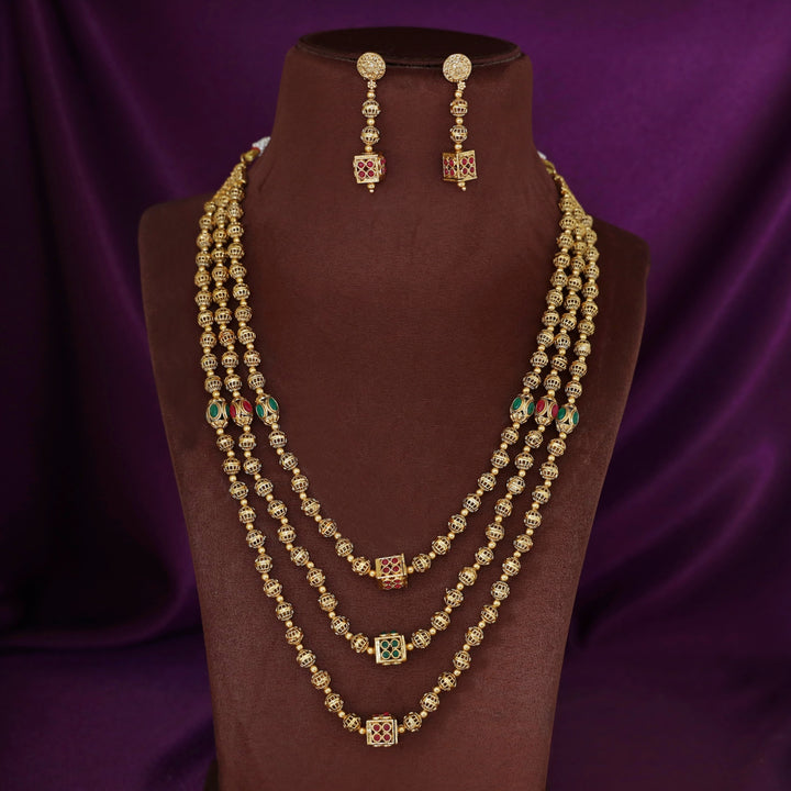 Anvika 3 Layer Golden Ball Cube Long Neckpiece With Earring