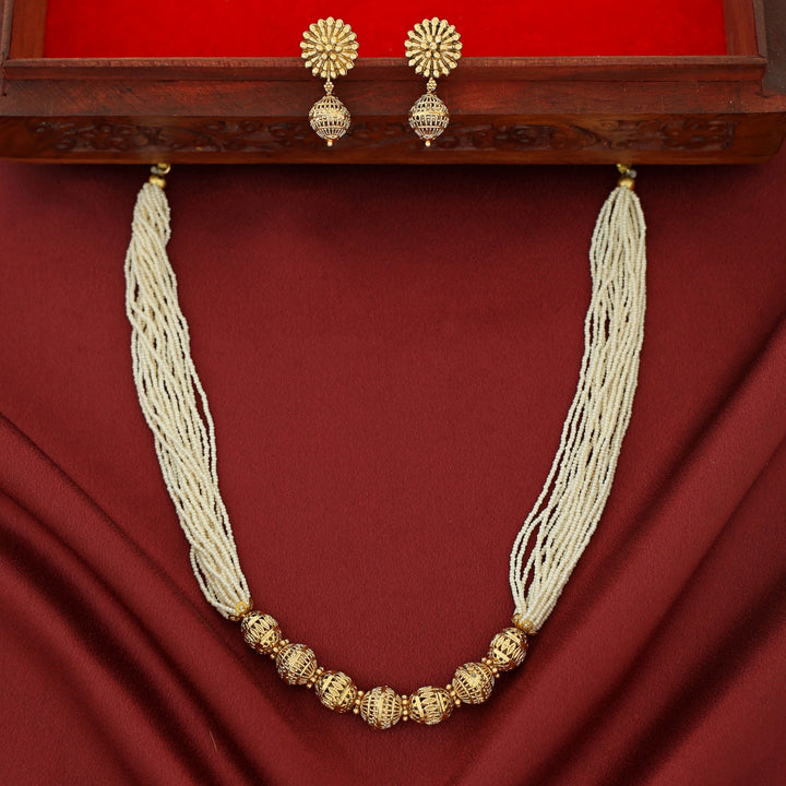 Pravika Layered Pearl Beaded Gold Ball Neckpiece With Earring