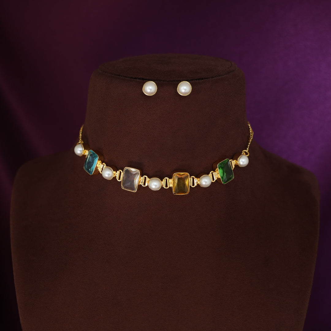 Hima Glossy Rectangle Pearl Choker With Pearl Stud