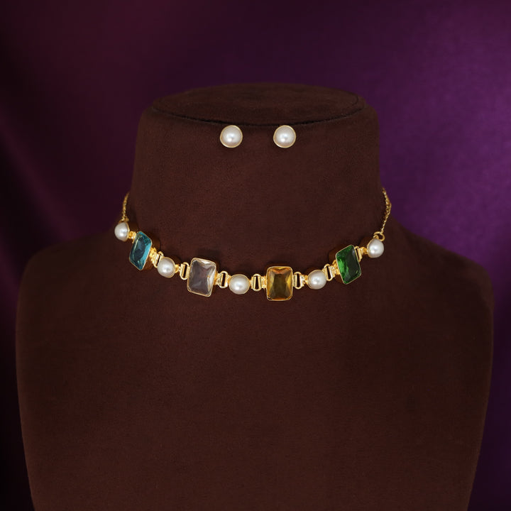 Hima Glossy Rectangle Pearl Choker With Pearl Stud