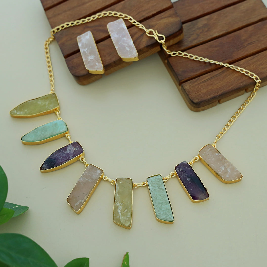 Multicolour Aanshi Raw Stone Neckpiece With Earring