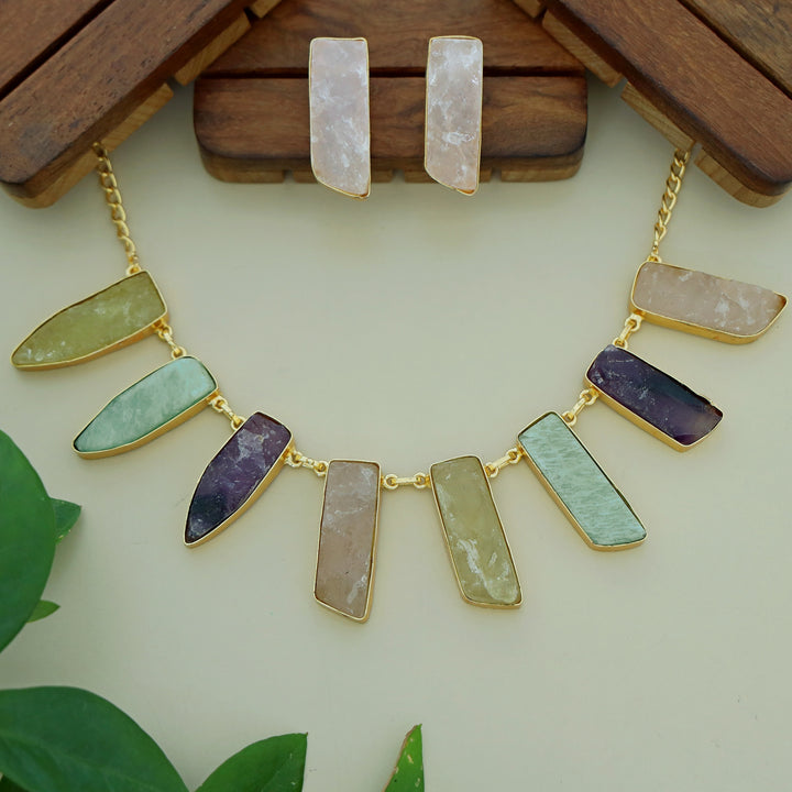 Multicolour Aanshi Raw Stone Neckpiece With Earring