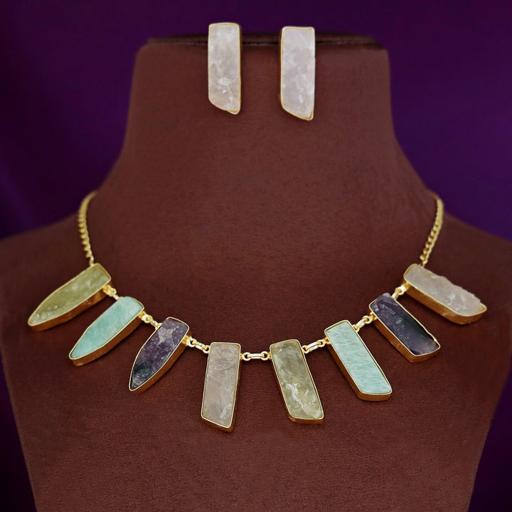 Multicolour Aanshi Raw Stone Neckpiece With Earring