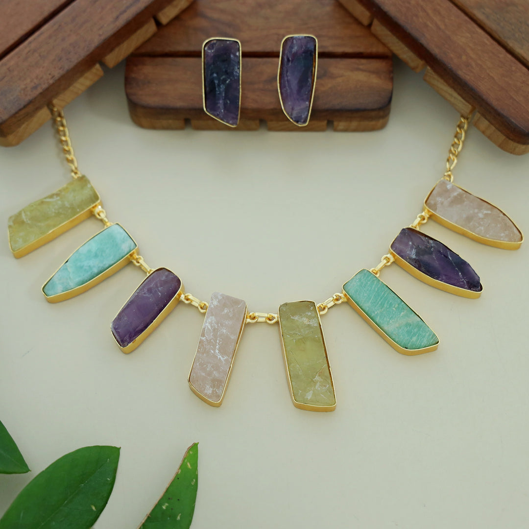 Multicolour Aanshi Raw Stone Neckpiece With Earring