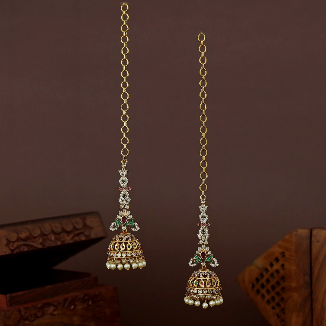 Darpita AD Stone Pearl Jhumka With Ear Chain