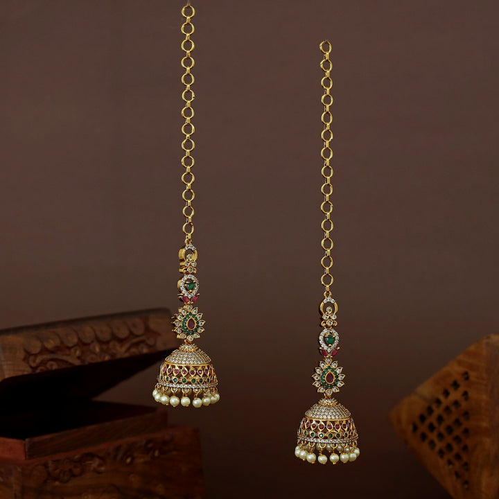Darika AD Stone Pearl Jhumka With Ear Chain