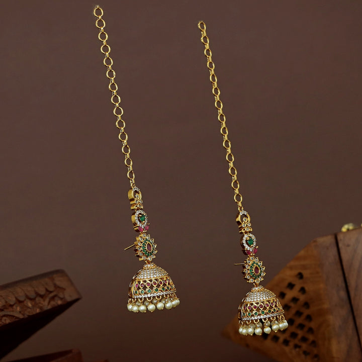 Darika AD Stone Pearl Jhumka With Ear Chain