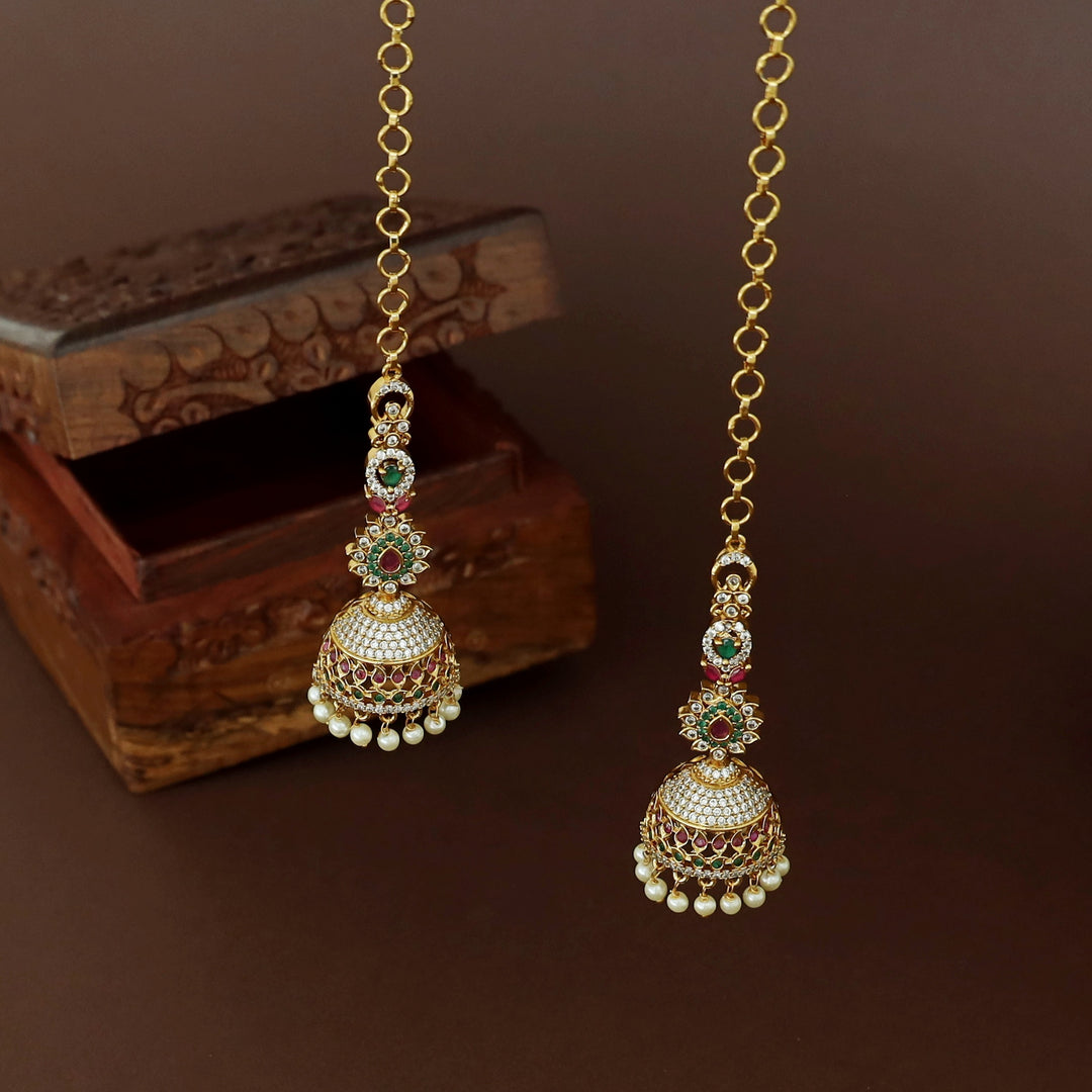 Darika AD Stone Pearl Jhumka With Ear Chain