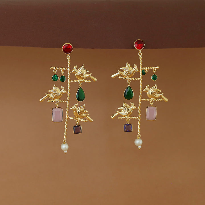Golden Twisted Stick Tri Bird Pearl Glossy Stone Earring