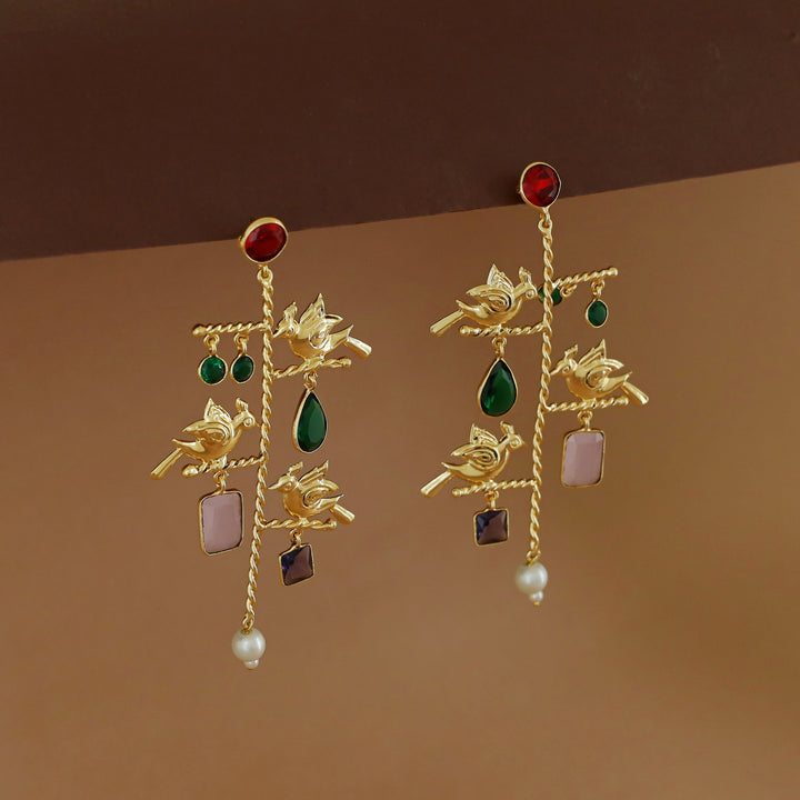 Golden Twisted Stick Tri Bird Pearl Glossy Stone Earring