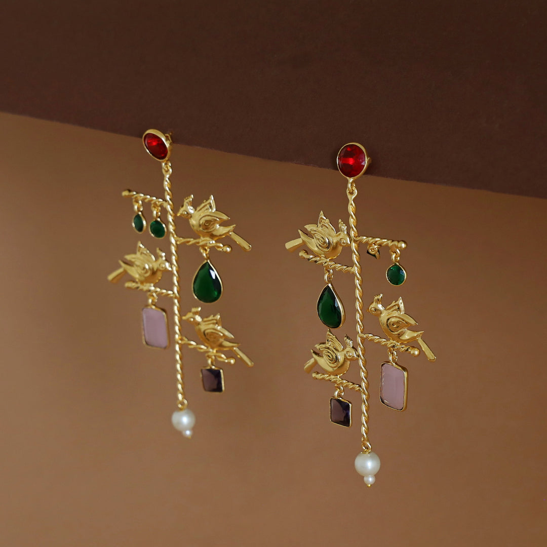Golden Twisted Stick Tri Bird Pearl Glossy Stone Earring