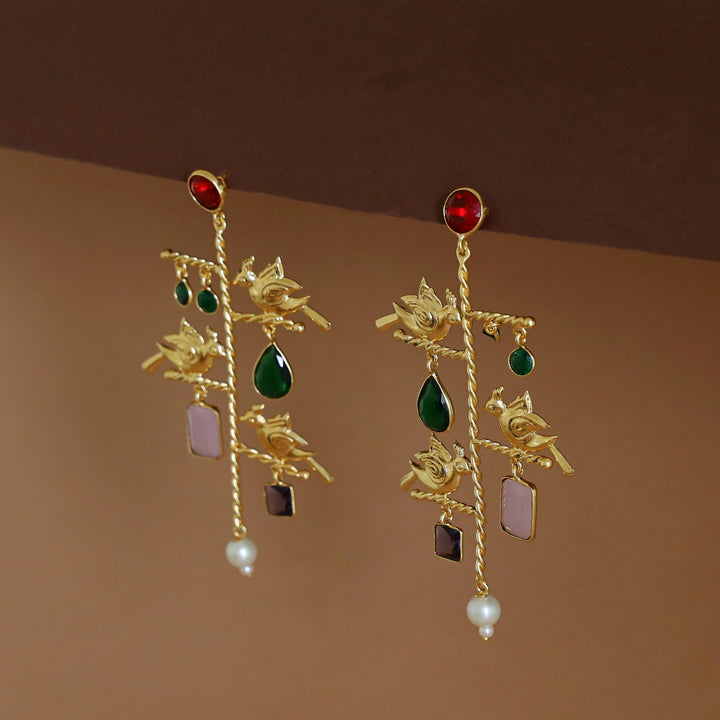 Golden Twisted Stick Tri Bird Pearl Glossy Stone Earring