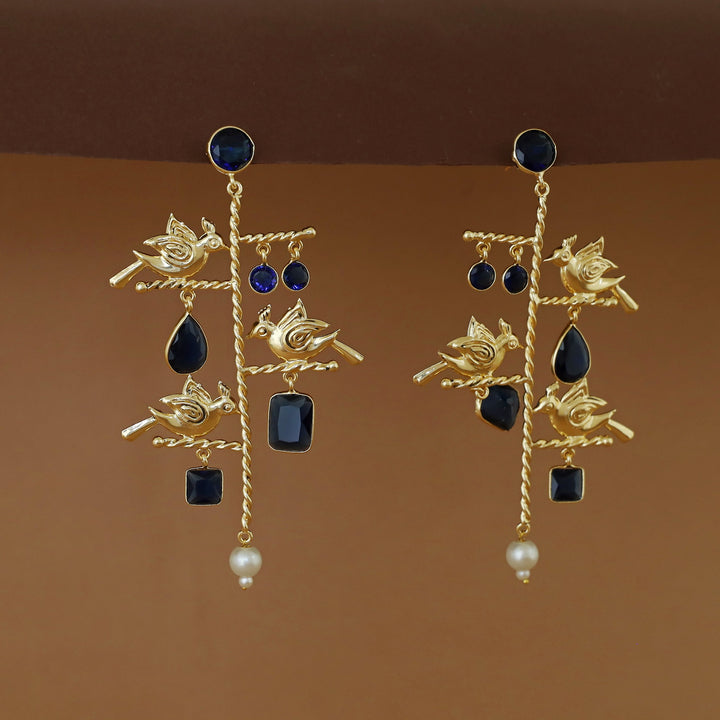 Golden Twisted Stick Tri Bird Pearl Glossy Stone Earring