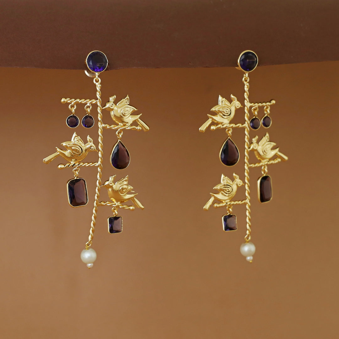 Golden Twisted Stick Tri Bird Pearl Glossy Stone Earring