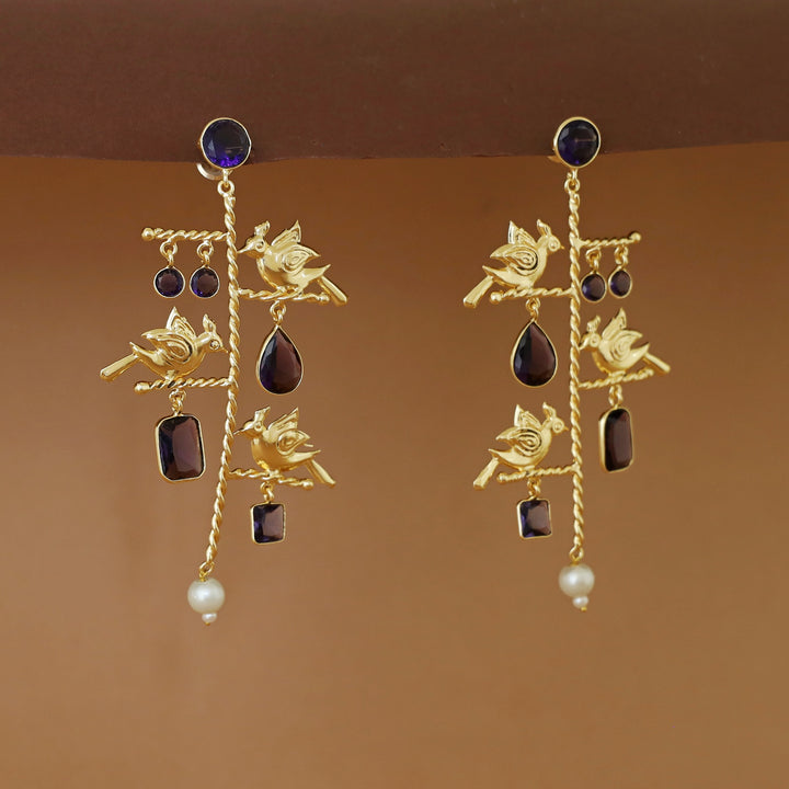 Golden Twisted Stick Tri Bird Pearl Glossy Stone Earring