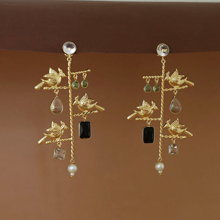 Golden Twisted Stick Tri Bird Pearl Glossy Stone Earring
