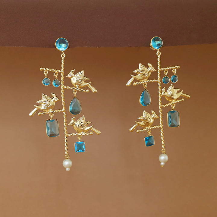 Golden Twisted Stick Tri Bird Pearl Glossy Stone Earring